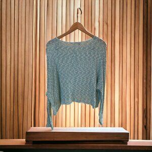 Soprano Womens Cropped Top Knit Large Turquoise White Long Sleeve Cottagecore